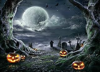 AIIKES 8x6FT Halloween Pumpkin Background Full Moon Background Photography Background Gray Graveyard Background Holiday Party Decoration Background Photo Background Photo Booth Background 11-897