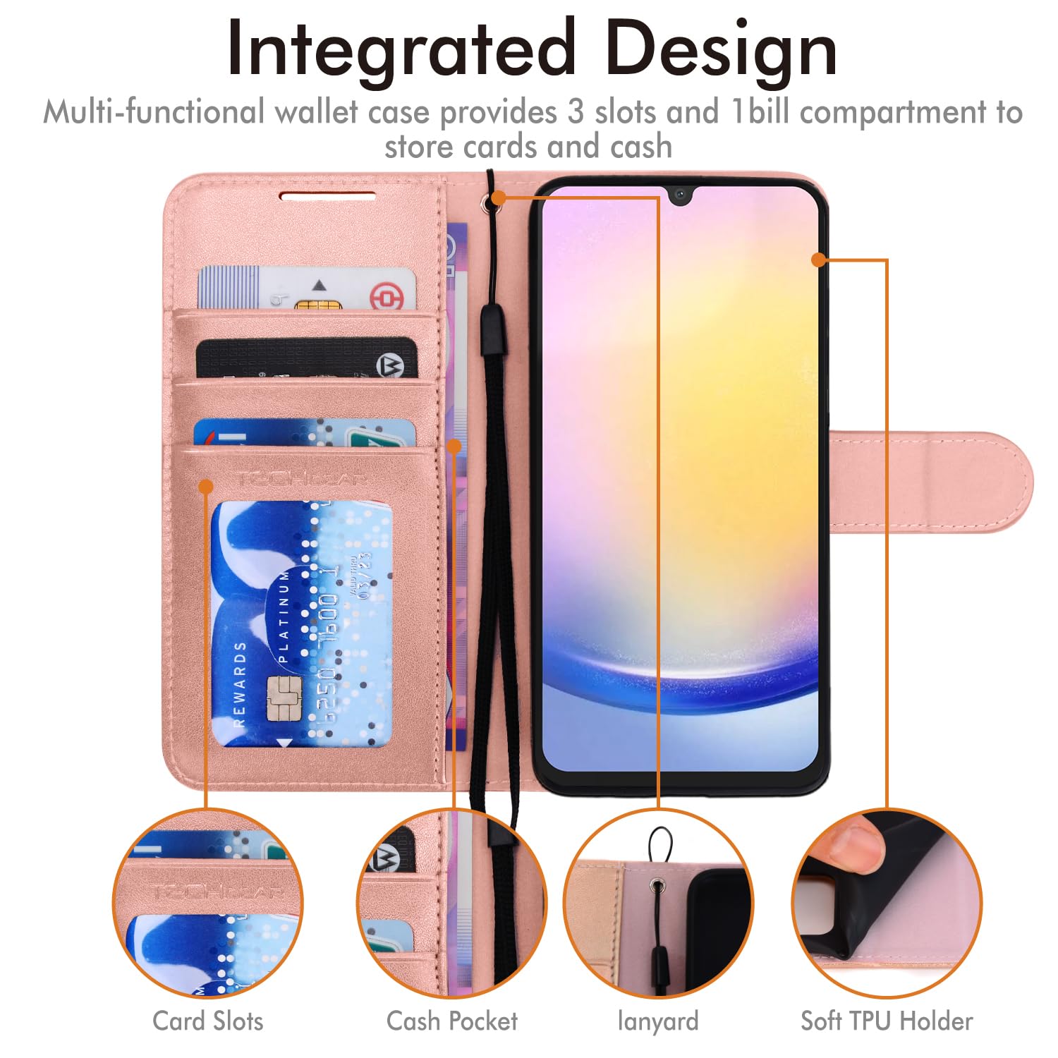 TECHGEAR Funda de Cuero tipo Cartera para Galaxy A25 5G, Funda Protectora con Tapa [BLOQUEO RFID] con Tarjetero, Soporte y Correa para la muñeca - Cuero PU Dorado Rosa con Cierre magnético para Samsun — view 5