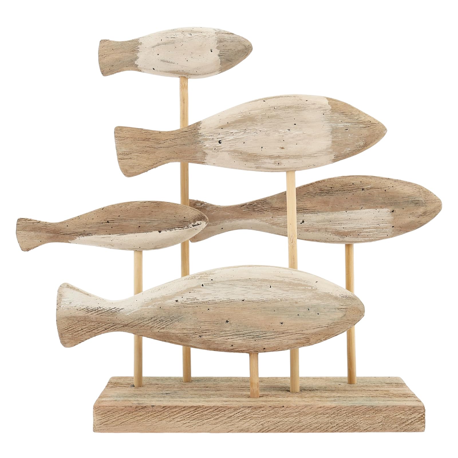 Wooden Shoal of Fish Figurines, Nautical Wood Fish Sculpture Table Decor with Detachable Base, Weathered White & Driftwood Coastal Distressed Theme Statues for Living Room
