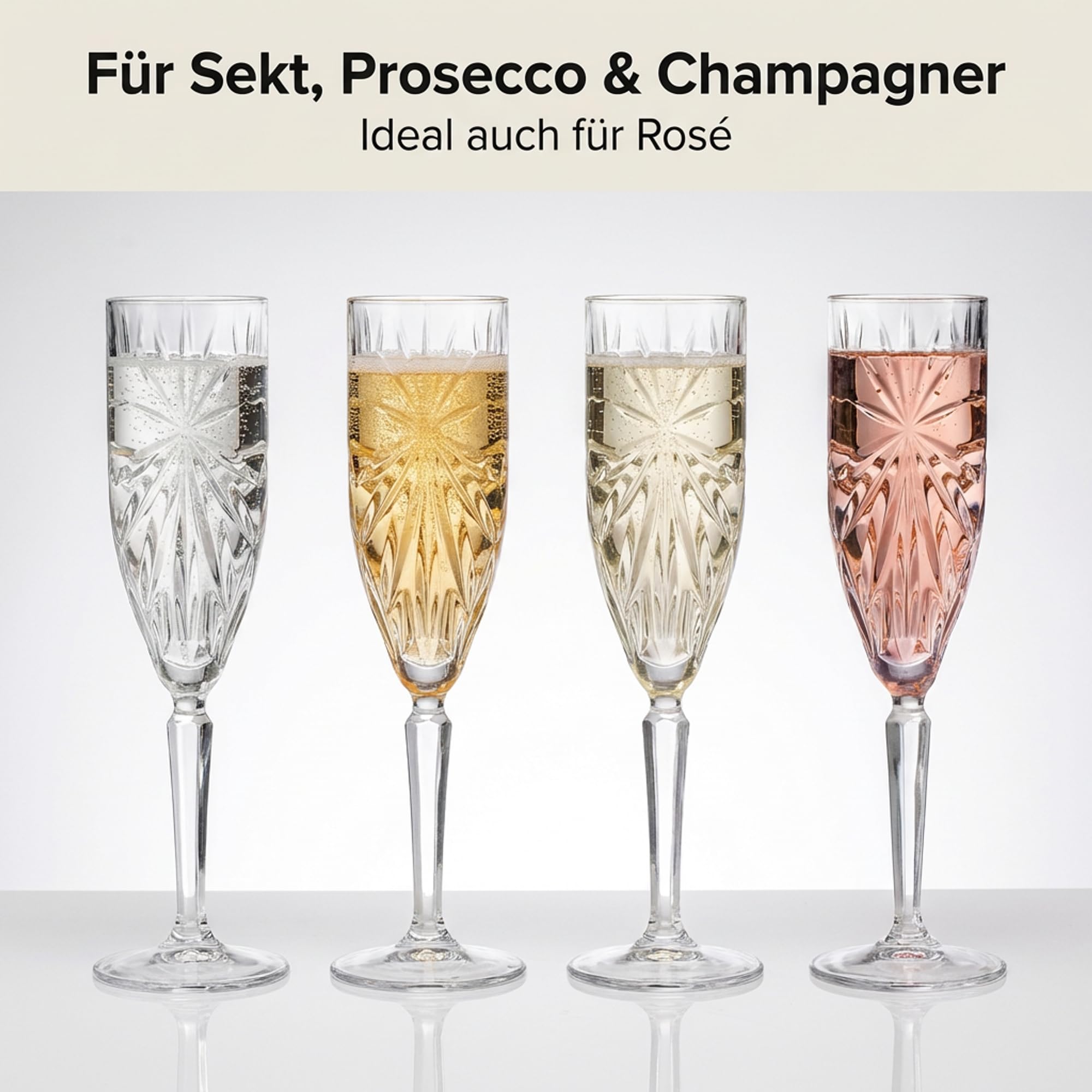 Der-Porzellan-Laden by RCR Oasis Sektgläser 160ml, 6er Set, Champagner Gläser aus Kristallglas, Facettenschliff, spülmaschinengeeignet, Made in Italy