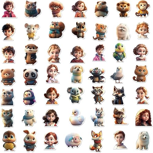 Miniatura 5 de Calcomanías de personajes de dibujos animados Kawaii para niños, 50 unidades, estilo Pixar, lindos animales 3D, calcomanías de vinilo impermeables
