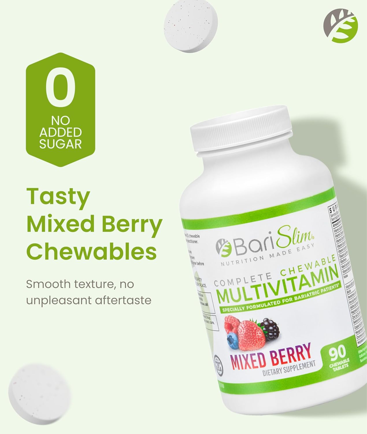BariSlim Complete Chewable Bariatric Multivitamin Tablets - 45 mg Iron - Bariatric Vitamin & Supplement for Post Bariatric Surgery Including Gastric Bypass & Gastric Sleeve | Mixed Berry | 90 Tablets