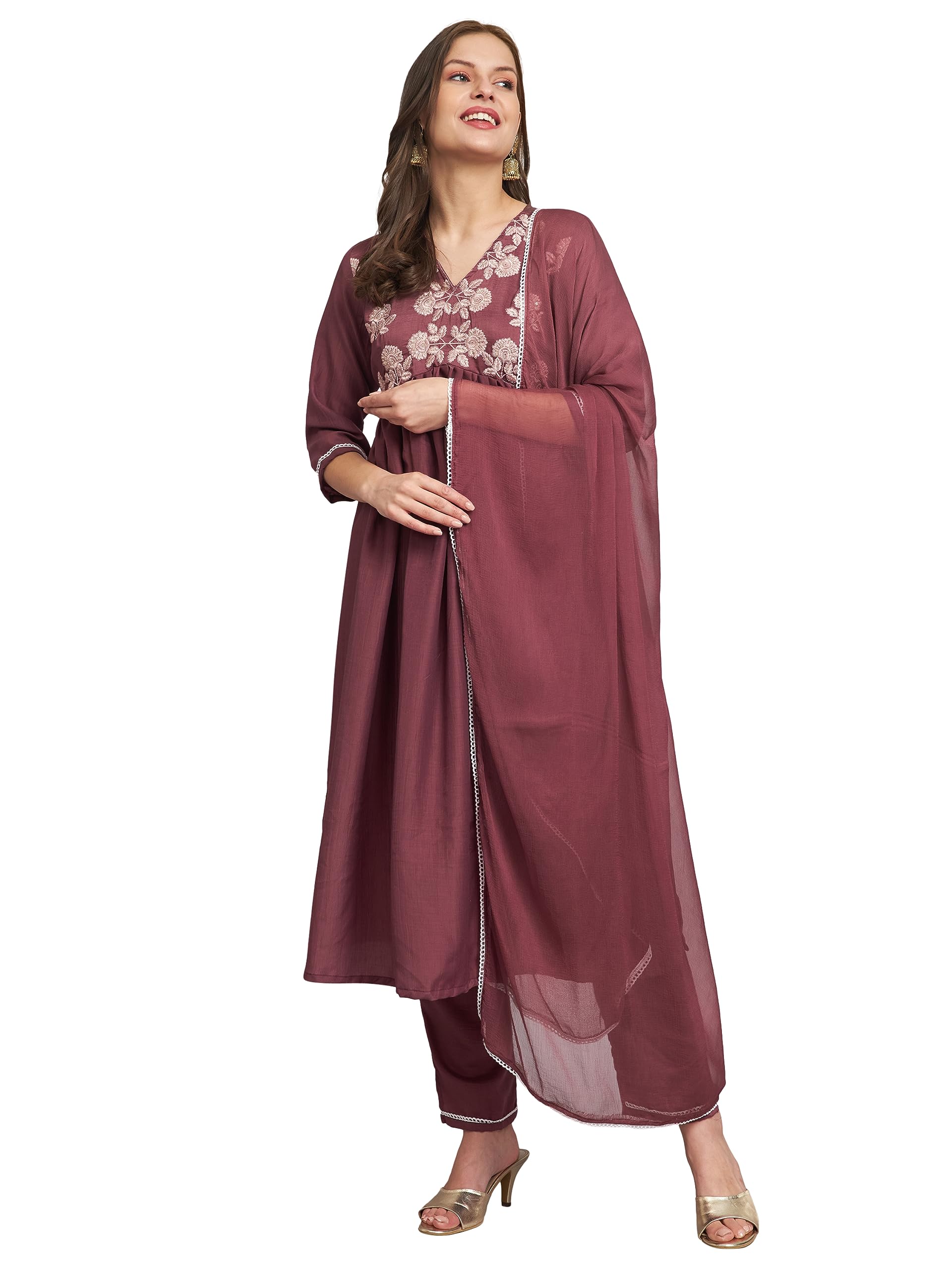 VredeVogelWomen's Silk Blend Embroidery Flared Kurta with Pant & Nazneen Dupatta Set