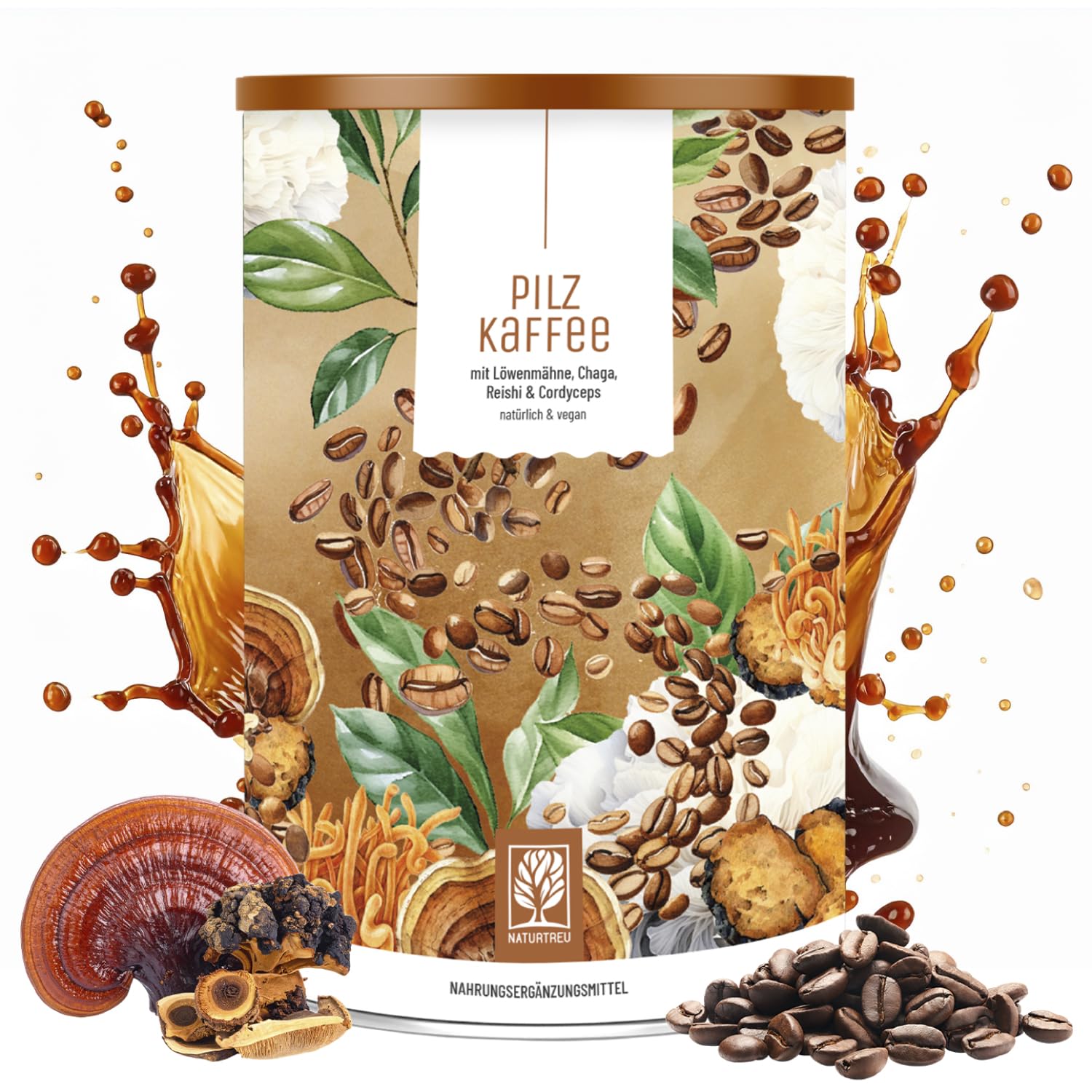Mushroom Coffee - Pilzkaffee mit Chaga Pilz & Reishi Pilz Extrakt I Löwenmähne (Lions mane) Extrakt I koffeinhaltiger, löslicher Pilz Kaffee 150 g Dose - 30 Tassen