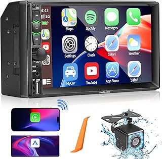 Double Din Car Stereo Wireless Apple CarPlay&Android Auto, 7-Inch FHD Touchscreen Car Radio with Bluetooth, Mirror Link, FM/USB/AUX/TF Ports, Subwoofer, Backup Camera Car Audio Receivers