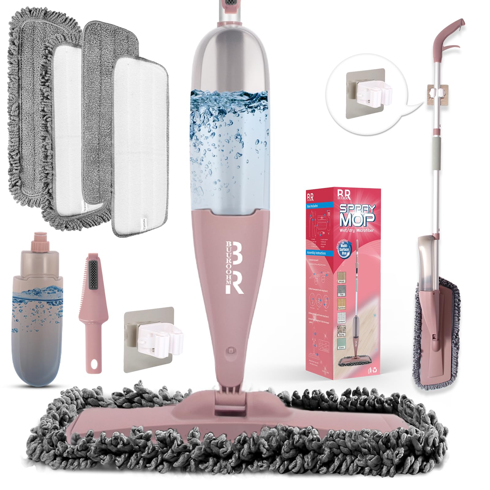 360° 3-in-1 Microfiber Spray Mop for Floor Cleaning Dry Wet Dust Mop for Hardwood, Laminate, Tile & Wood Floors Large Capacity Bottle 4 Reusable Pads Scraper Holder Kitchen Multi-Surface