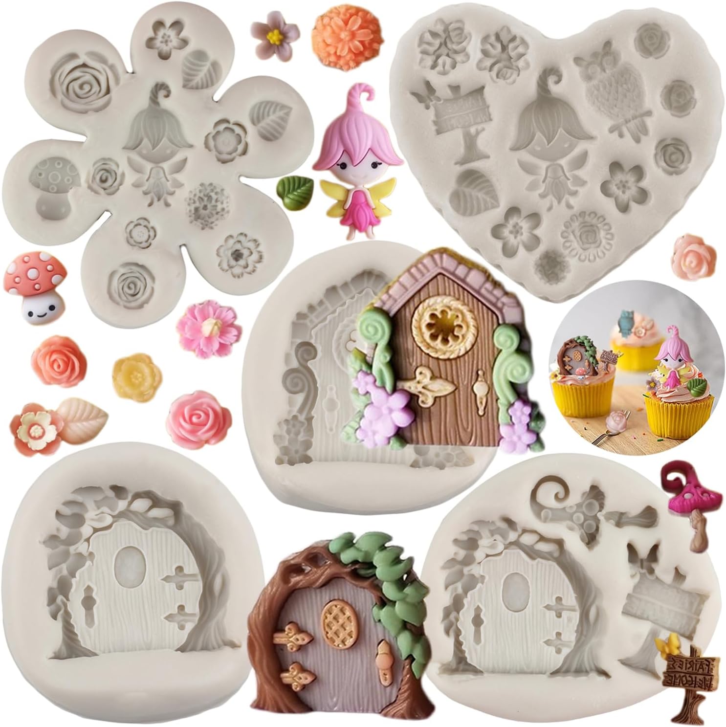 Enchanted Vintage Fairy Garden Fairy Gnome Home Door Window Silicone Moulds Flower Leaf Mushroom Fondant Mould for Cake Decorating Cupcake Candy Chocolate Gum Paste Set of 5