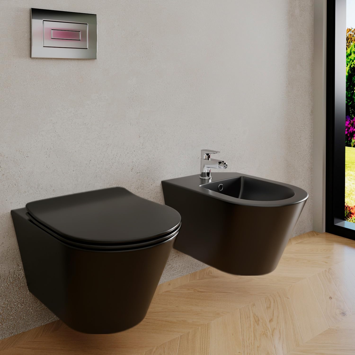 Bricozone Coppia Di Sanitari Sospesi In Ceramica Set Wc E Bidet Da Parete Design Moderno Con Copri Wc Soft Close E Finitura Opaca Ideali Per Bagno Contemporaneo Facili Da Pulire (Nero opaco)