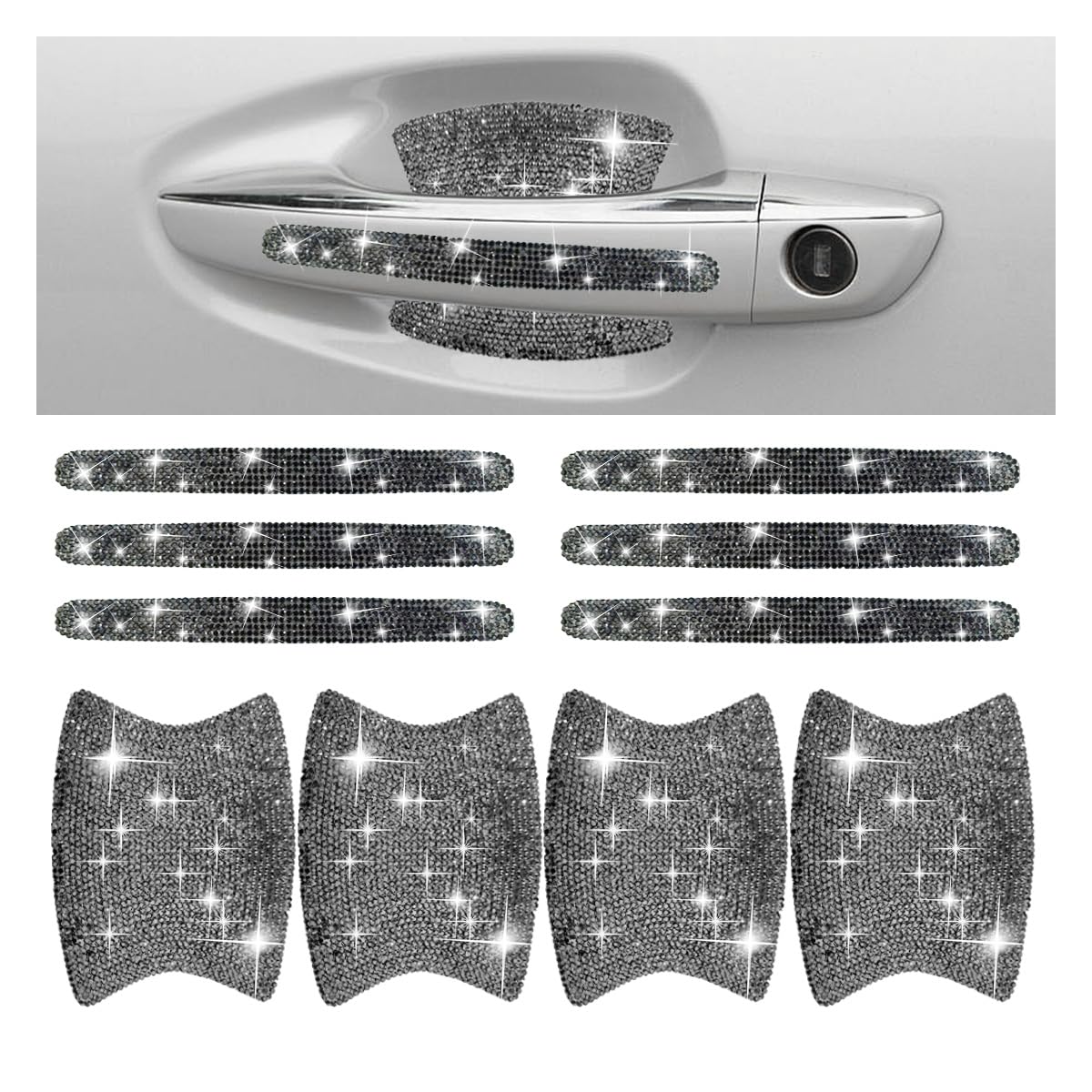 10PCS Bling Car Door Handle Anti-Scratch Sticker, Bling Car Door Handle Sticker, Universal Car Doors Handles Protective Cover, Shiny Rhinestone Auto Decor Accessories for Women (Glossy Black)