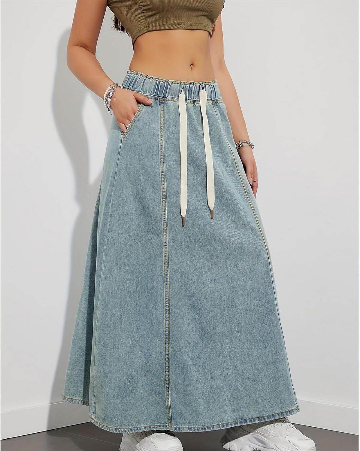 Womens Denim Skirt Casual High Waist Paperbag Elastic A Line Long Maxi Flare Skirt Summer Beach Jean Skirt - Image 5