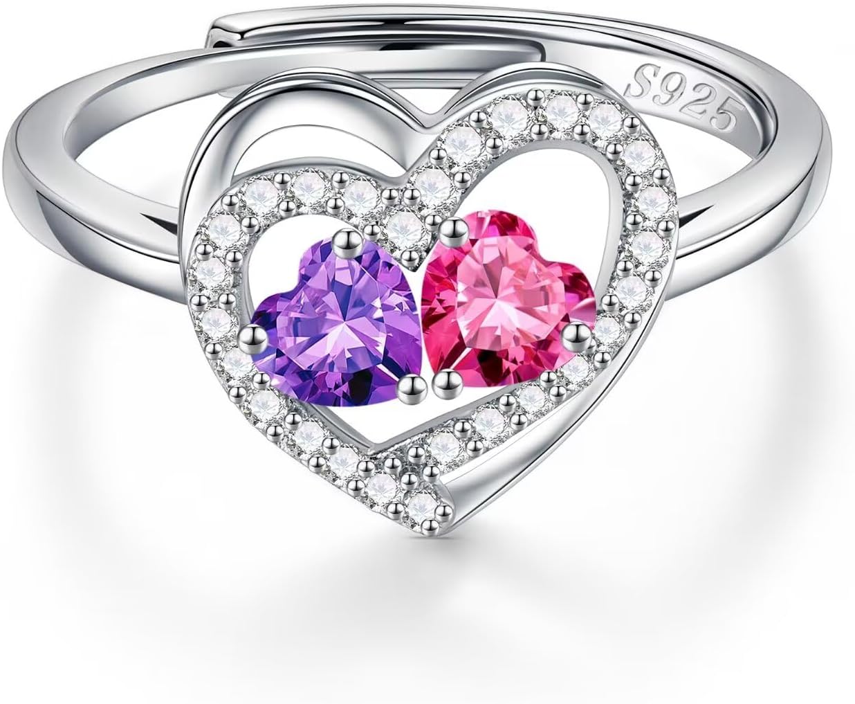 Iefil Adjustable Ring for Women - 925 Sterling Silver Double Birthstone Rings, Anniversary Birthday Gifts for Women Wife Her