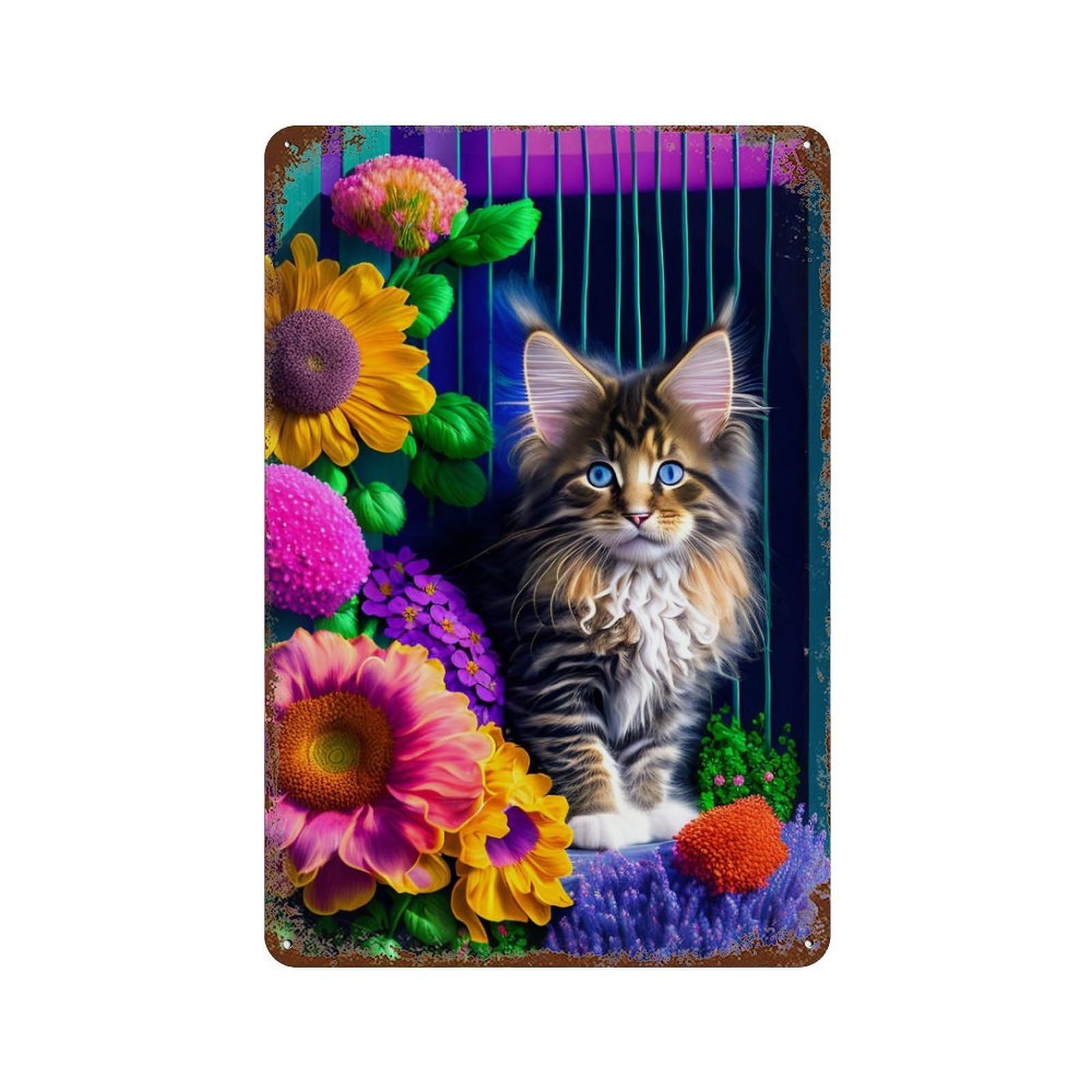 Colorful Flowers with Cute Kitten 11.8"x7.9" Weathered Tin Sign, Shabby Chic Decor for Farmhouse, Kitchen And Entryway Decor