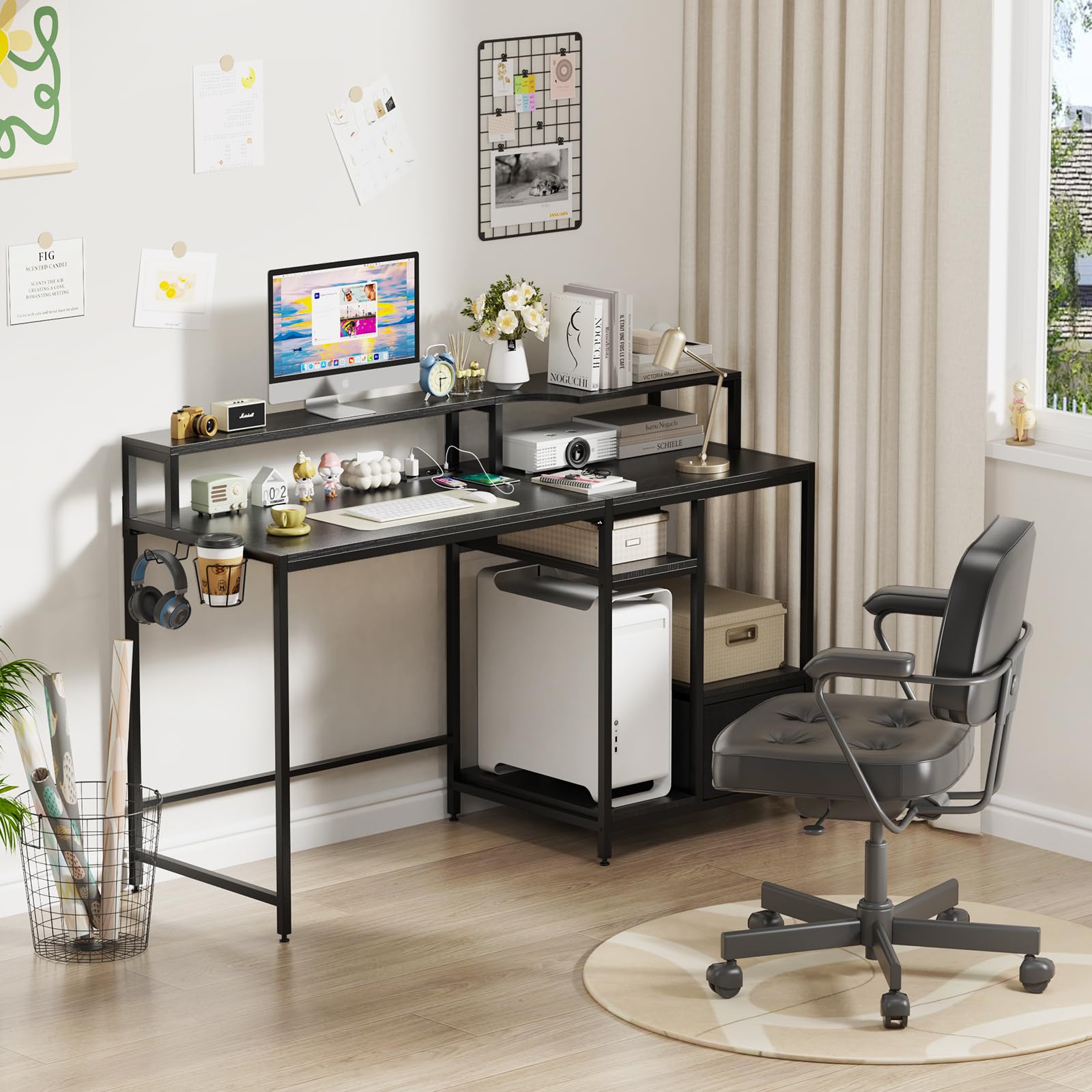 Chleby Escritorio para Ordenador con cajón y Enchufe Mesa de Ordenador con Soporte para Monitor Mesa Escritorio con estantería, Mesa de 140 cm para Oficina, Dormitorio, Negro