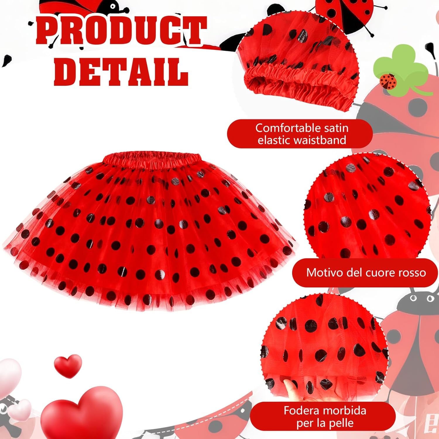 6pcs Ladybug Costume Women with Red and Black Tutu, Ladybug Headband Earrings Socks,Gloves for Halloween Party Animal Cosplay - Image 3