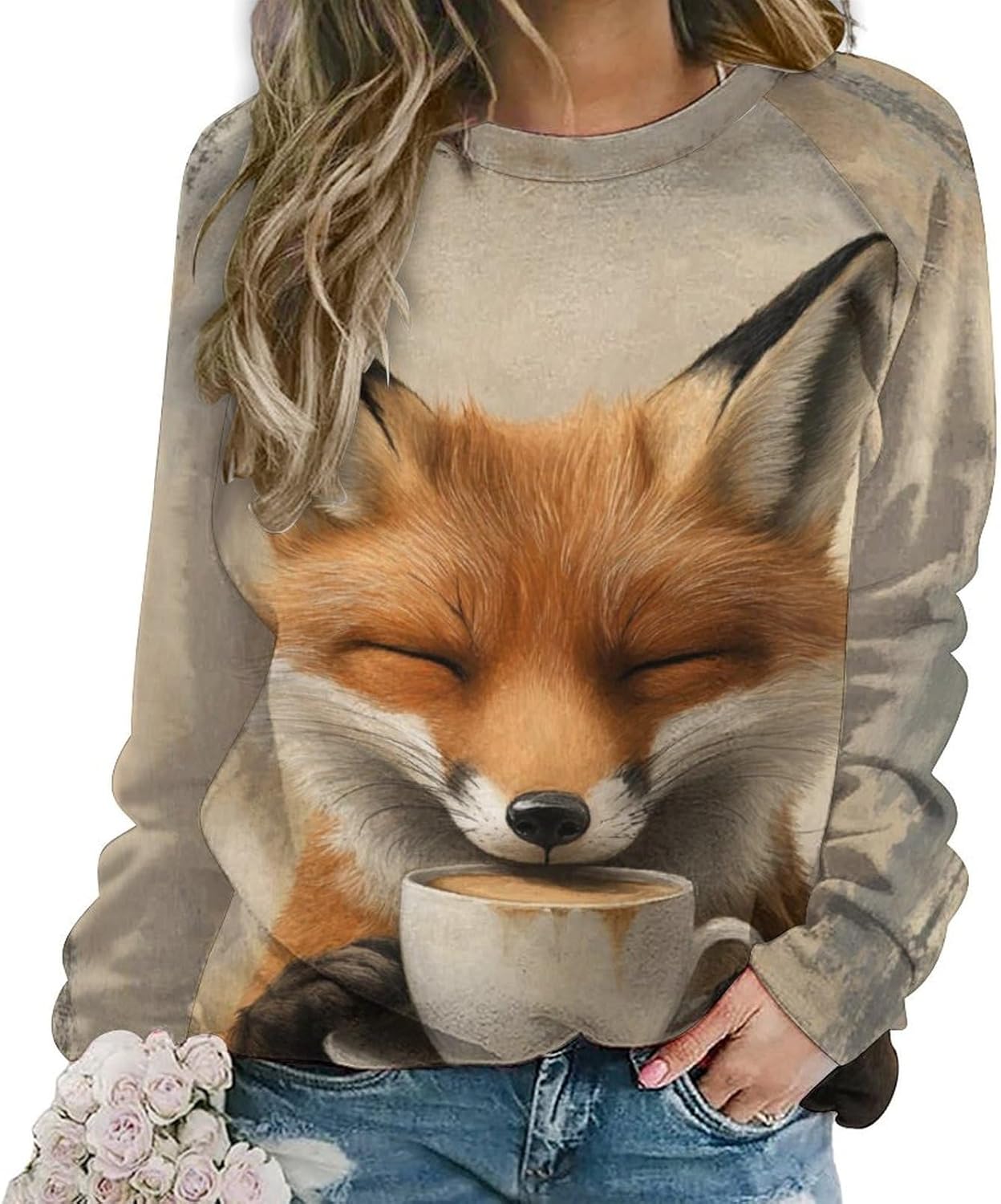 Cat With Coffee Cup Sweatshirt Pullover Fall Fashion Lightweight Casual Funny Print Novelty Warm Lounge Sweater