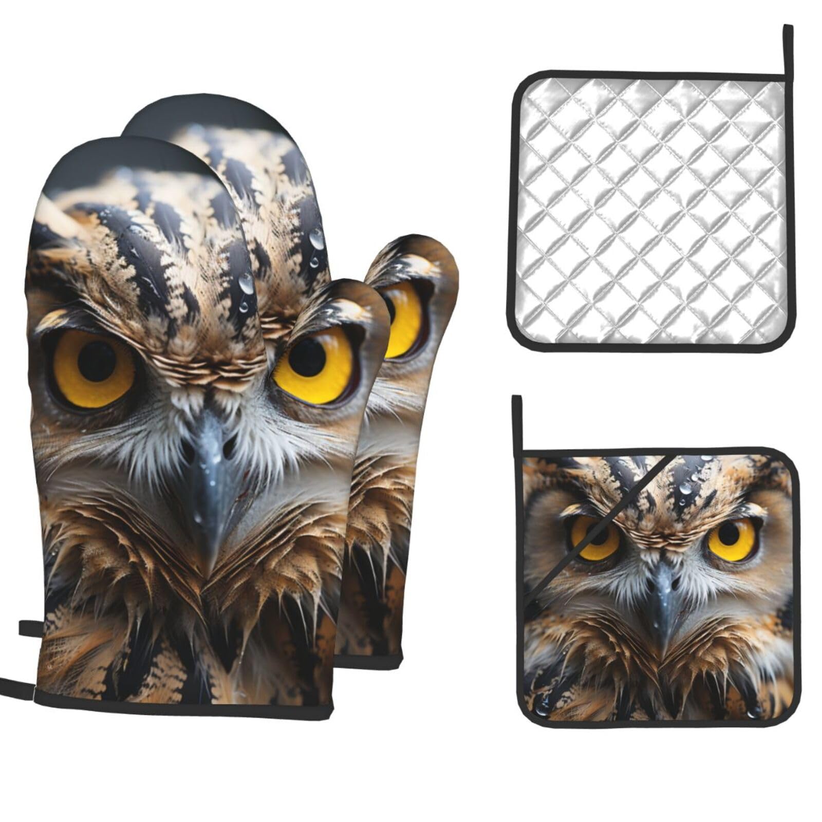 Oven Mitts and Pot Holders Sets of 4 Heat Resistant Kitchen Gloves Snowy Owl Eyes Oven Mitts BBQ Gloves Oven Gloves and Hot Pads Non-Slip Potholders for Kitchen Baking Cooking