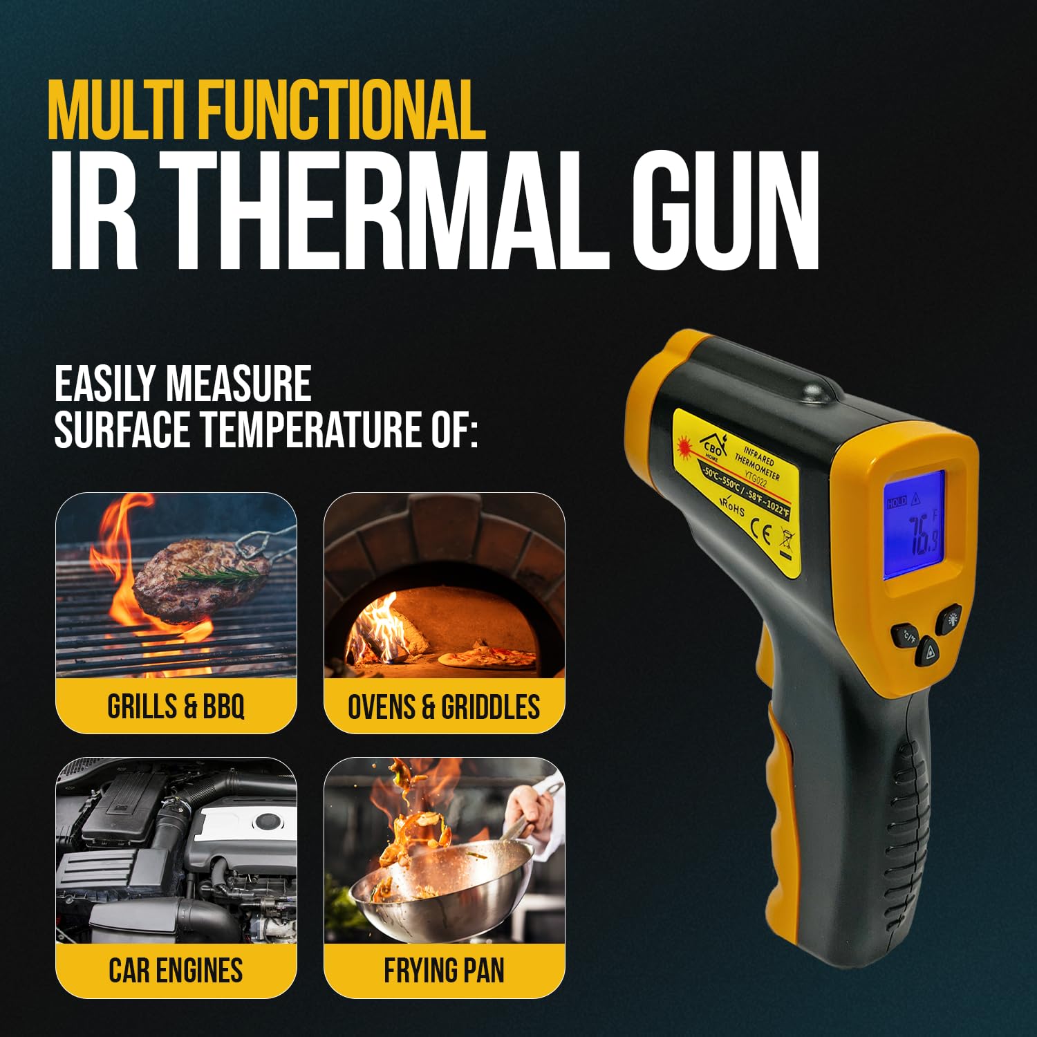 Infrared Thermometer Gun - Digital Food & Surface Temp Gun (-58F to 1022F) for Pizza Oven, Grill, Meat, HVAC, Engine