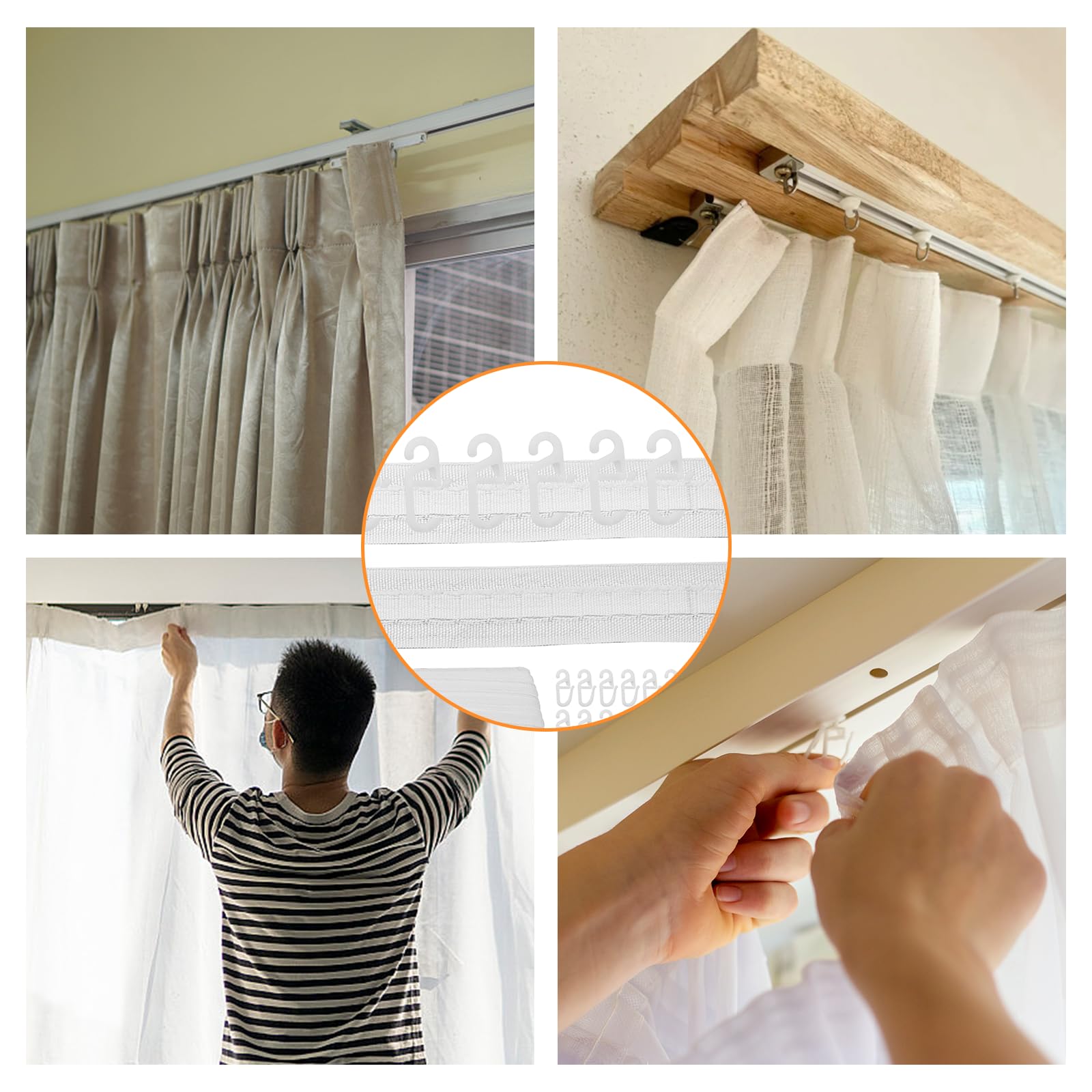 OMJMYY 30mx3cm Fettuccia per Tende Nastro per Tende con 100 Pezzi Ganci per Tenda Nastro per Pieghe di Tende per Asta per Tende