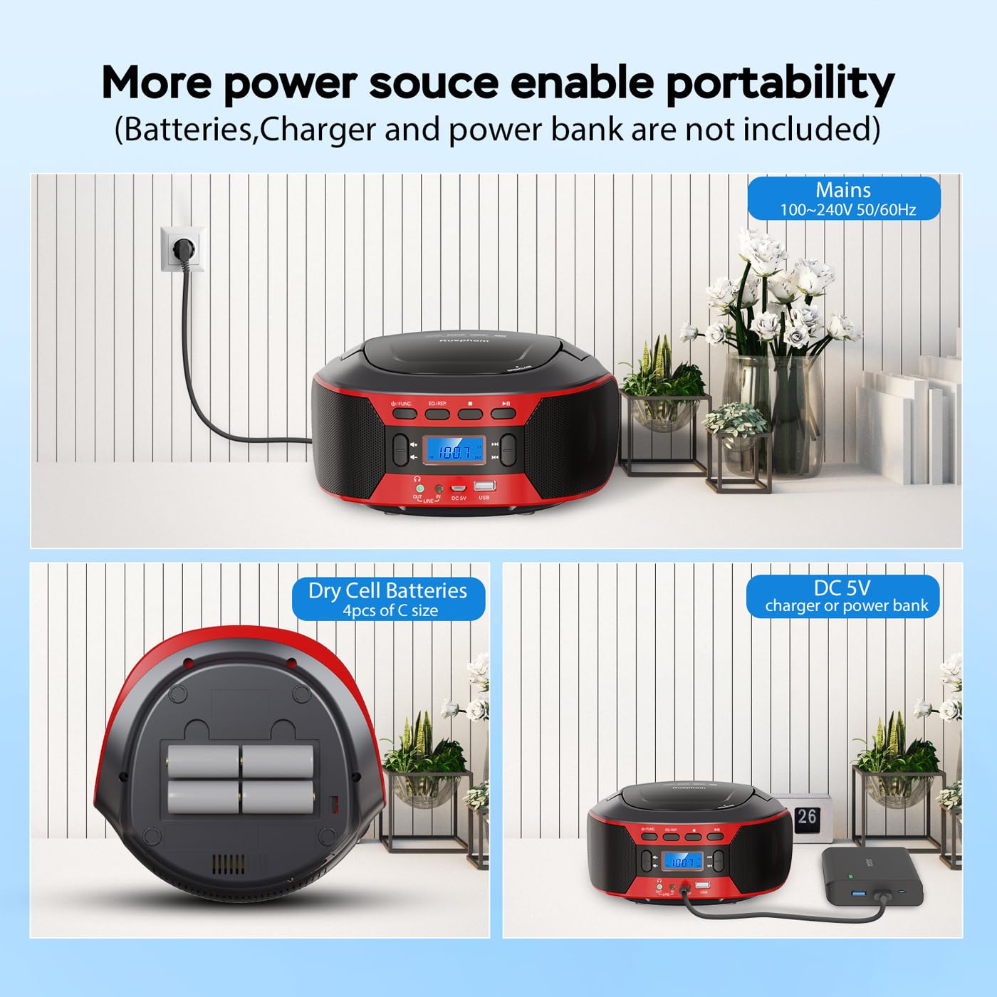 Lettore CD portatile Boombox con Bluetooth, AUX, USB, radio FM, jack per cuffie, uso domestico e esterno, alimentazione a batteria