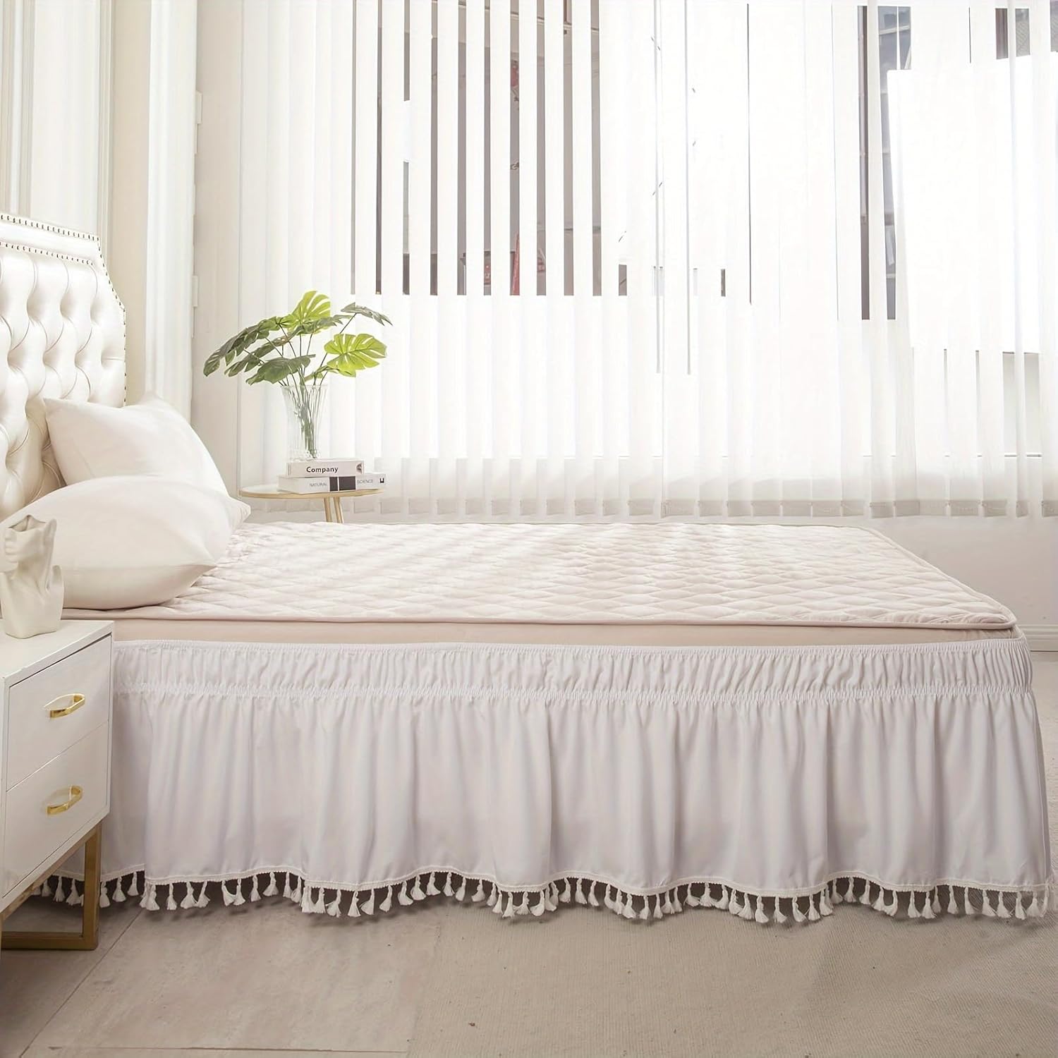 Tassel Ruffled Bed Skirt, 15" Drop Luxury Fringe Knotted Cotton Tassel Decorative, Bedding Bohemian Boho 100% Washed Cotton (White, Queen 60"x80")