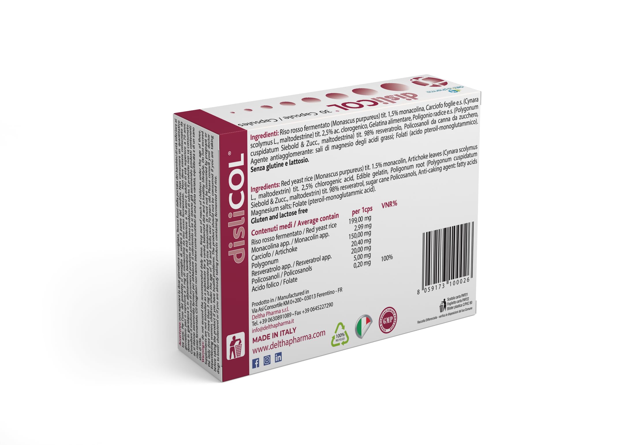 Dislicol Integratore Alimentare di Riso Rosso Fermentato (monacolina K), Policosanoli, Acido folico, Estratti di Carciofo e Poligonio (resveratrolo), utile per il controllo del colesterolo - 30 caps