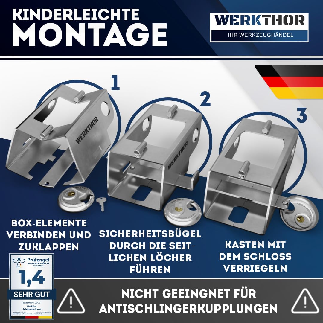 WERKTHOR Anhängerschloss - TEST SEHR GUT Kastenschloss Anhänger - Anhänger Diebstahlschutz Angekoppelte & Abgekoppelte -Edelstahl Anhänger Schloss - Schloss für Anhänger - Schlüsselschloss