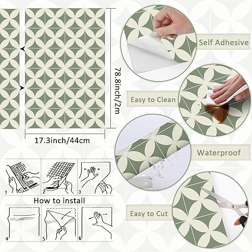 Miniatura 3 de Papel tapiz geométrico verde beige para despegar y pegar, papel tapiz bohemio de 17.3 x 78.8 pulgadas, papel tapiz autoadhesivo extraíble para baño,