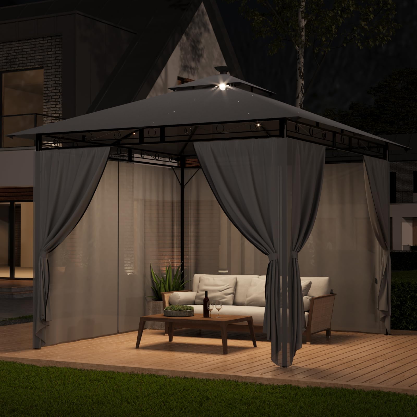 TRIUMPHKEY Pavillon 3x3 Wasserdicht Stabil Winterfest, Garten Pavillion mit seitenwänden, UV-Schutz 50+, Plane Gartenlaube, Metallrahmen Pavillon, Patio Gazebo, Grau mit LED