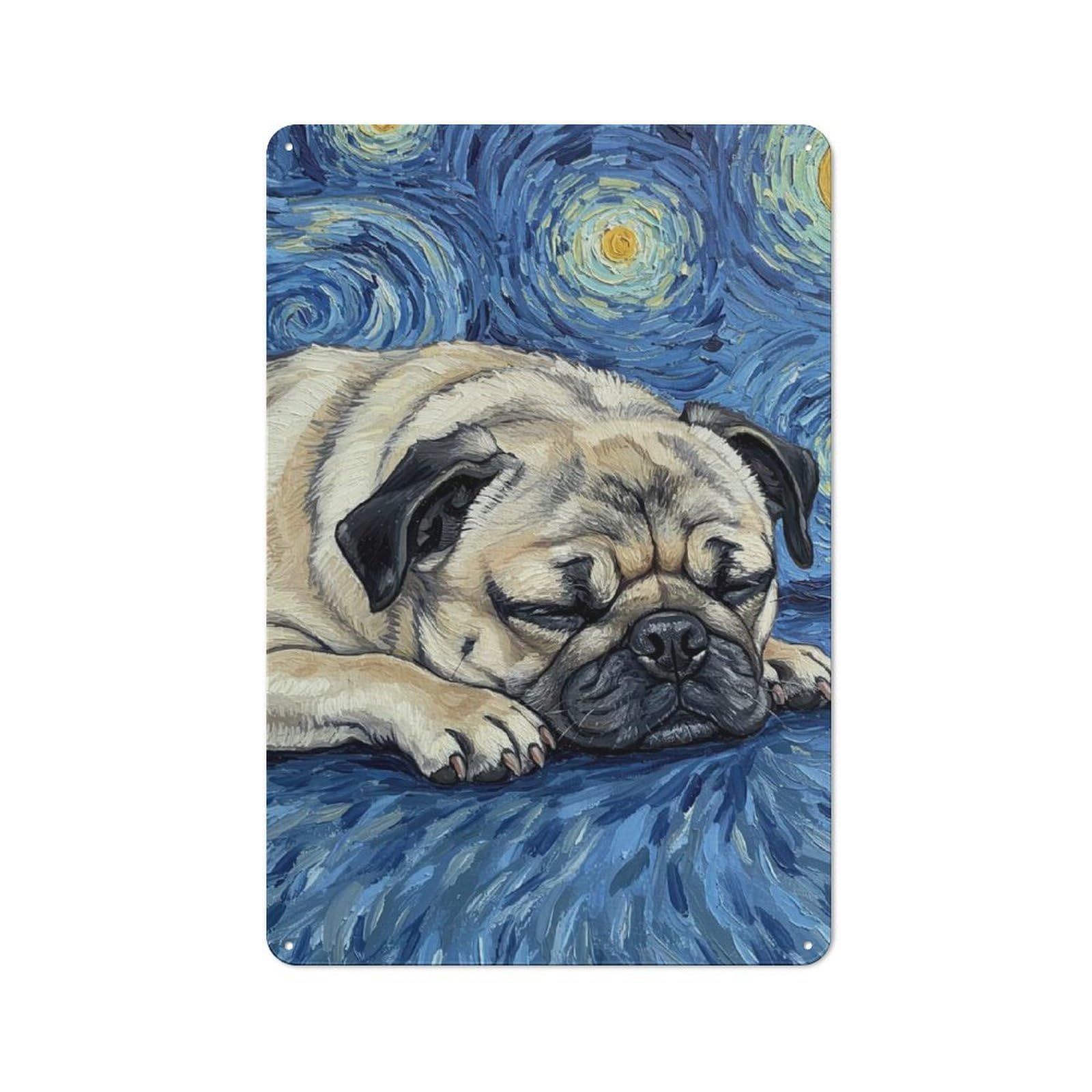 Junmoney Pug Sleeping Starry Night Painting Vintage Metal Wall Sign 30X20cm For Garage Or Workshop, For Metal Sign Collectors, For Garage And Workshop Walls