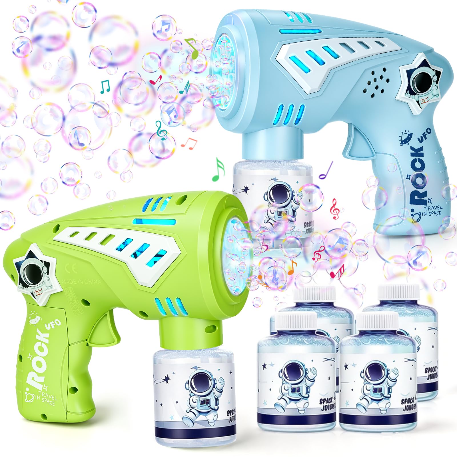 Jovicos 2 Seifenblasenpistole Kinder mit LED-Licht & Musik, Seifenblasenmaschine mit 4 Seifenblasenflüssigkeit, Seifenblasen Pistole Kinder, Bubble Gun Outdoor Spielzeug für Hochzeit Party Geschenke