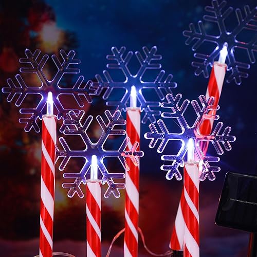 Miniatura 2 de 10 luces solares de Navidad con forma de copo de nieve de 17.7 pulgadas, impermeables, luces LED de caramelo de Navidad, luz solar de copo de nieve
