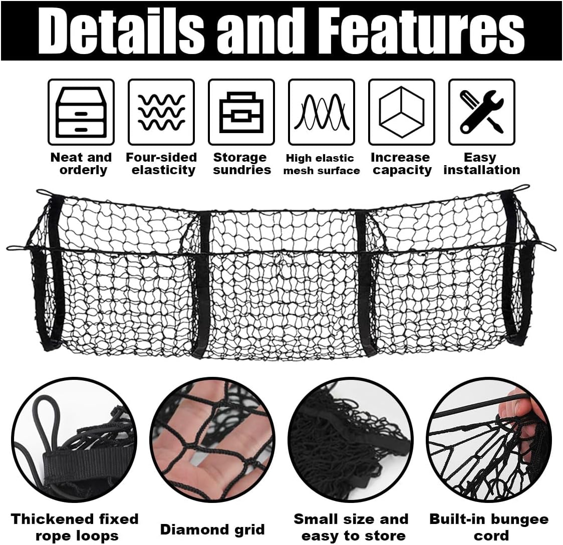Detachable Cargo Net for Car, Expandable 3 Pocket Heavy Duty Cargo Net Organizer with 4 Metal Carabiners, Compatible with SUVs, Cars, Pickup Trucks, Van Trunk Beds