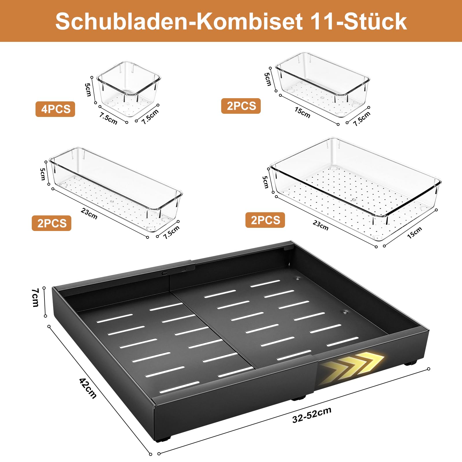 Ausziehbare Schublade Küche, 10 Aufbewahrungsboxen im Lieferumfang, Breite von 32–53 cm Verstellbar, 2 Montagearten, Teleskopschublade für Küche, Bad, Zimmern und Abstellräumen (Schwarz)