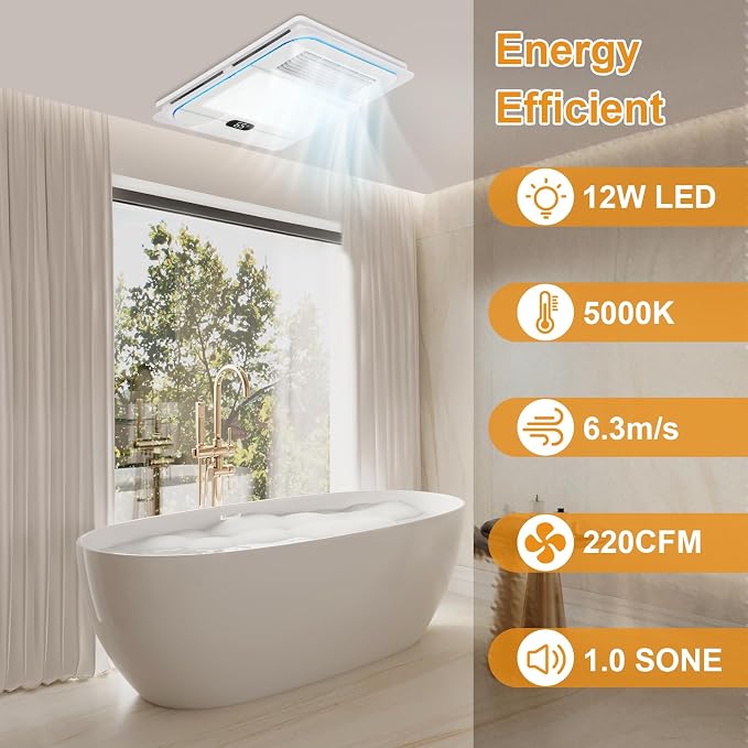 Extractores para Baños de 13,8 pulgadas con luz LED y calefacción, ventilador de extracción de 220 CFM, 1800 W, carcasa metálica, 1,0 sone, control remoto (blanco) miniatura 6