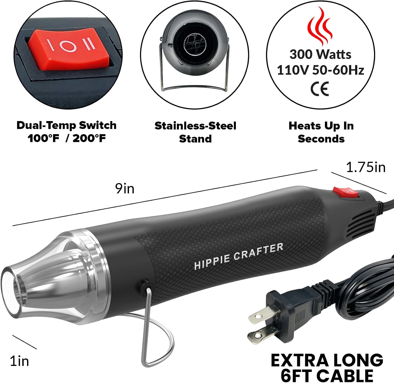 HIPPIE CRAFTER Heat Gun for Crafting, 2-Speed 300W Craft Heat Gun, Mini Hot Air Torch Tool for Resin, Polymer Clay, Candle Making, Shrink Wrapping, Embossing, Epoxy Painting