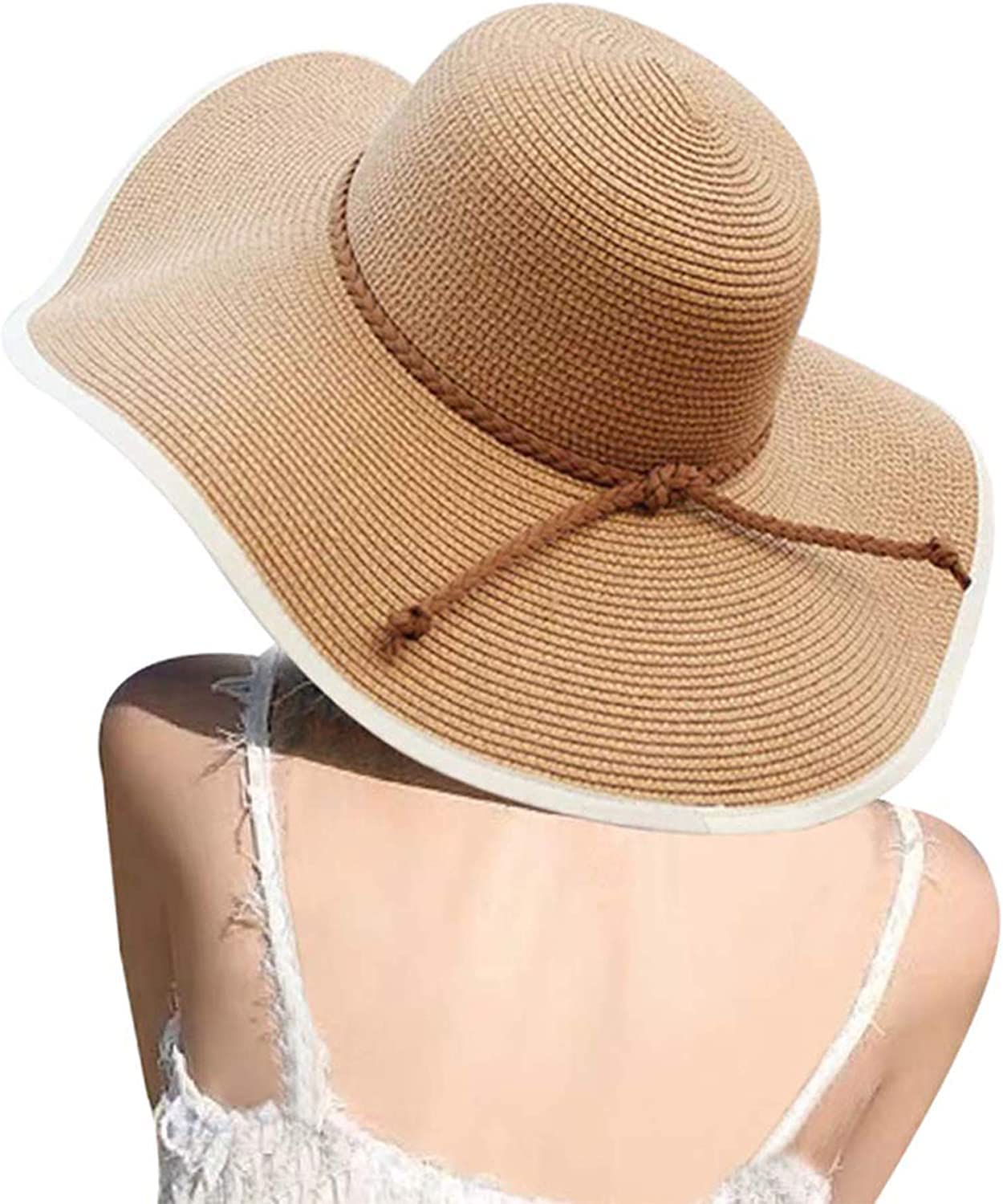 Dreshow Women's Khaki Brim B Big Bowknot Straw Hat Floppy Foldable Roll Up Beach Cap Sun Hat Upf 50+