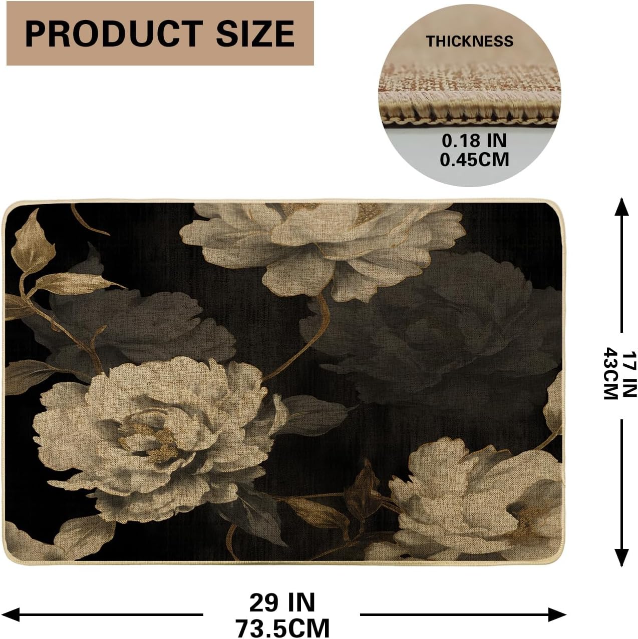 Spring Welcome Door Mat Floral Rose Vintage Retro Elegant Peony Black White Rubber Absorbent Decor Washable Waterproof Indoor Garage Dorm House Porch Kitchen Floor Entrance Mats 17x29 Inch