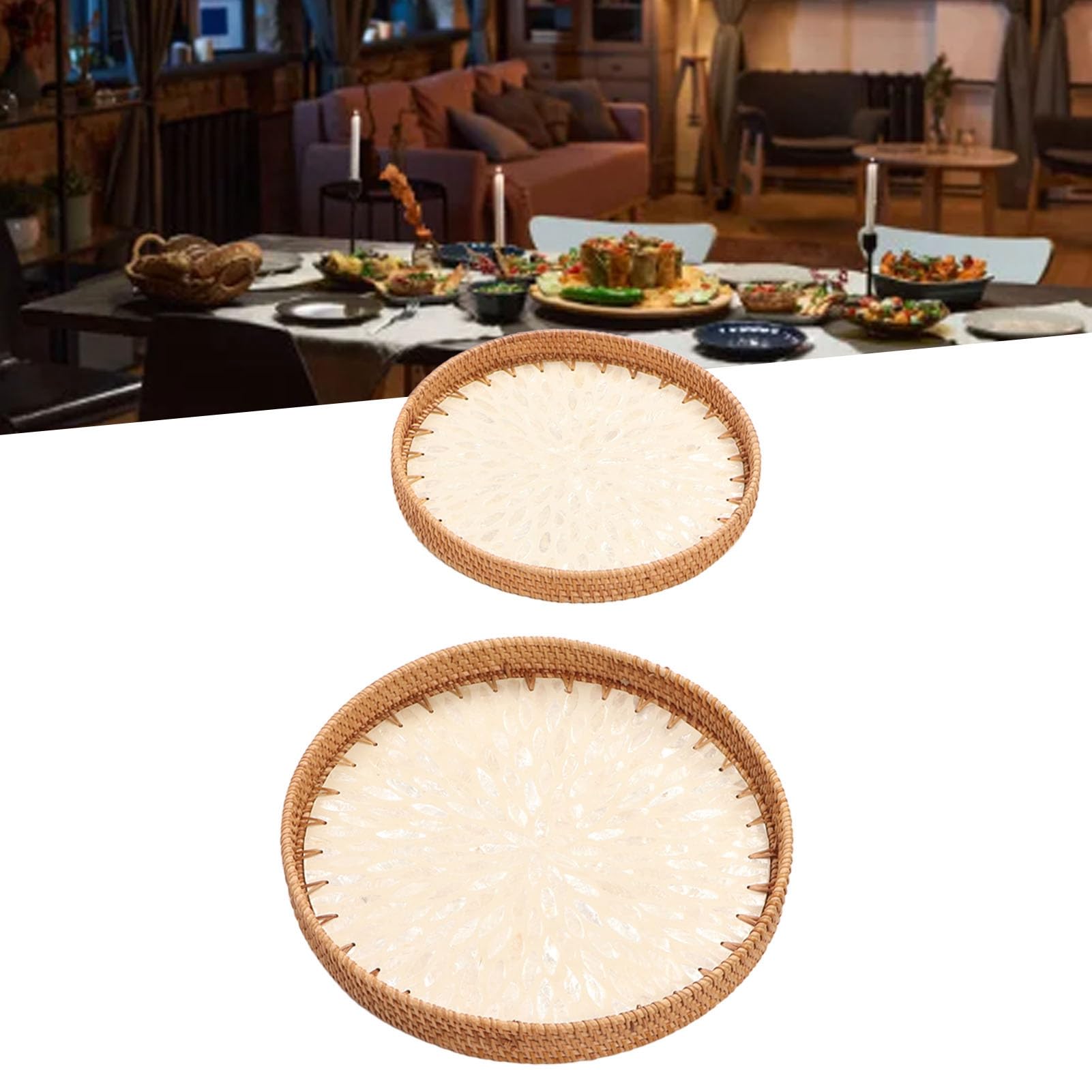 Rundes Rattan Tablett mit Perlmutt Inlay, 2 Stück 30/35 cm Handgewebtes Rattan Serviertabletts Dekoratives Runde Tabletts mit Holzboden für Obst, Brot, Snacks, Kaffee (Weiß)