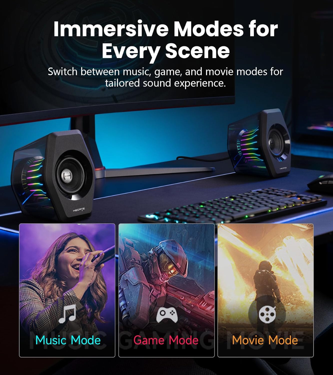 Edifier G2000 Pro 2.0 RGB Gaming Speakers with 64W Peak Power, Virtual 7.1 Surround Sound, 270° TempoFlow Light Sync, Bluetooth 5.4/USB-C/AUX for PC, PS5, Game Console (Black) - Image 6