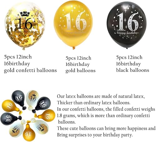 Miniatura 2 de Jonhamwelbor Globos dorados y negros para decoración de fiesta de cumpleaños número 16, paquete de 15 globos de látex y confeti de 12 pulgadas