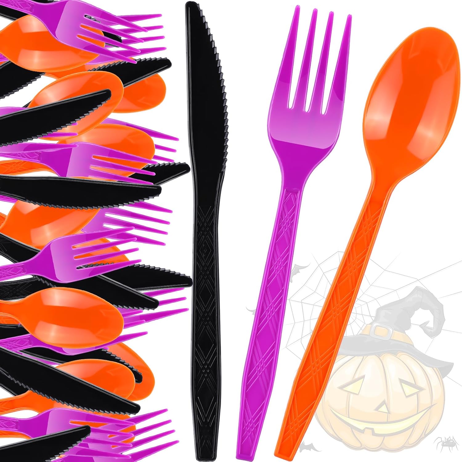 Cunhill 300 Pieces Halloween Plastic Cutlery Forks Spoons Knives Utensils Set Colored Black Orange Purple Disposable Tableware for Halloween Party Supplies