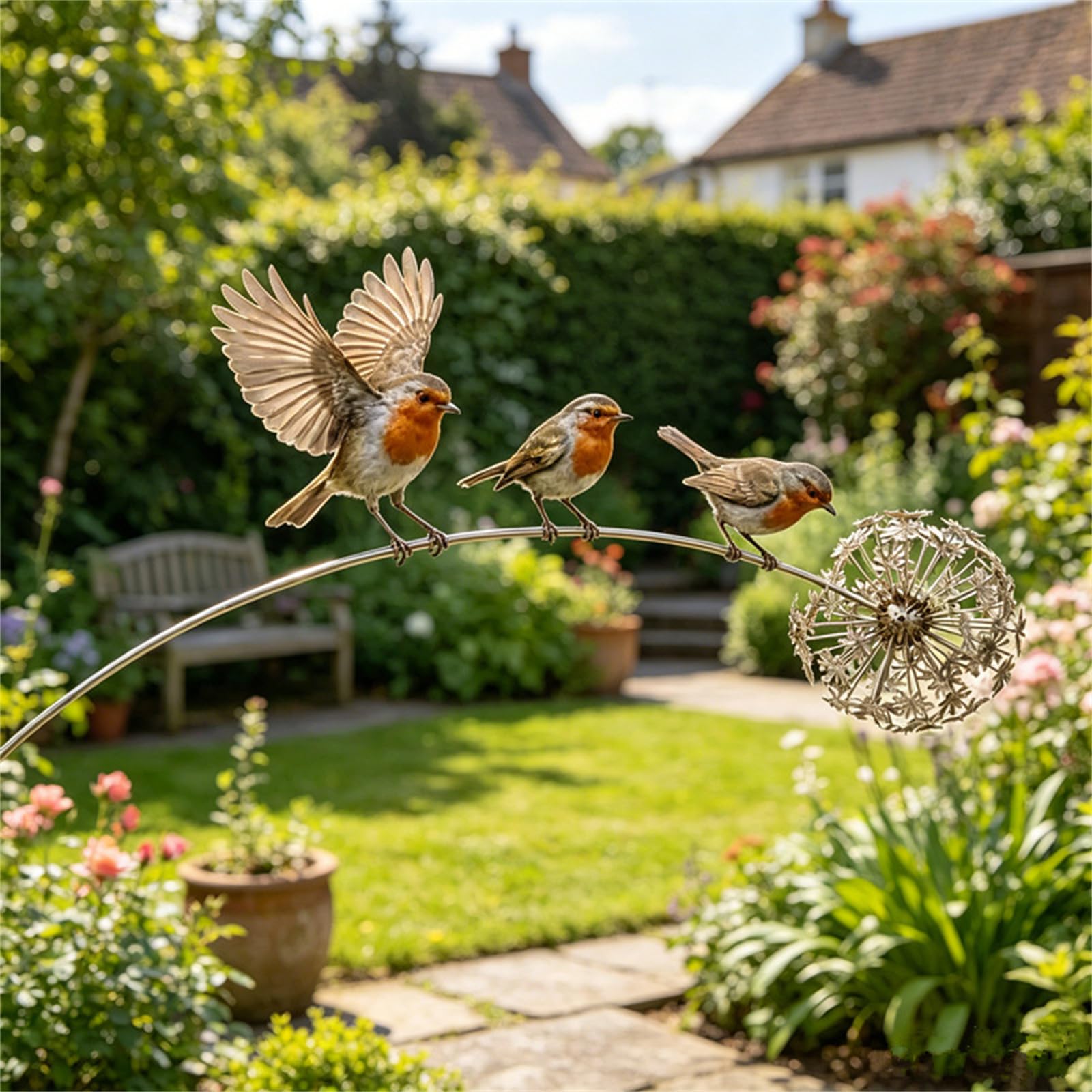 ZcxTry Robin Garden Art Stake, Rustic Robin Bird Yard Art Decorations with Dandelion Accent, Metal Robins Bird Garden Sculpture for Lawn Patio Flower Bed Backyard Walkway