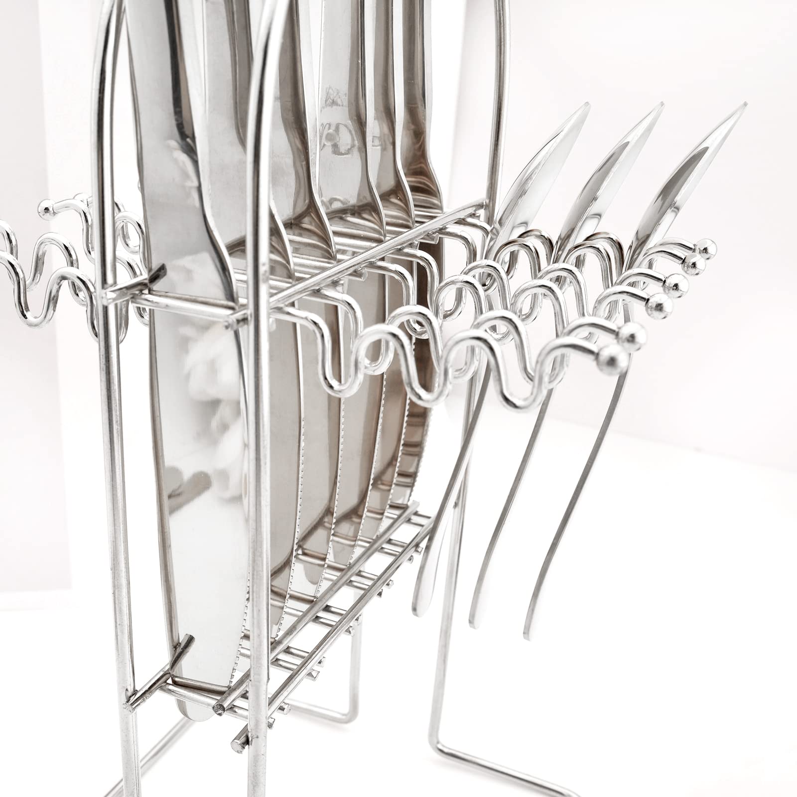 Snplowum 24 Piece Mirror Silver Silverware Set With Stand, Hanging & Round Handle Stainless Steel Cutlery Set Include Knife/Fork/Spoon/Teaspoon, Simple Kitchen Utensils Service For 6