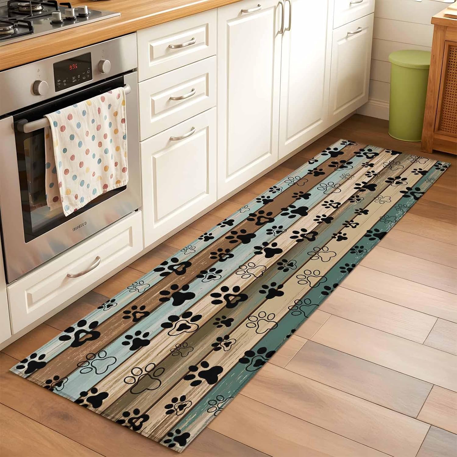 Black Paw Print Kitchen Runner Rug 2x6 Washable Runners for Hallway Non Slip Farmhouse Vintage Shabby Wood Grain Large Area Rug Indoor Floor Carpet for Bathroom Laundry Entryway Bedroom Living Room