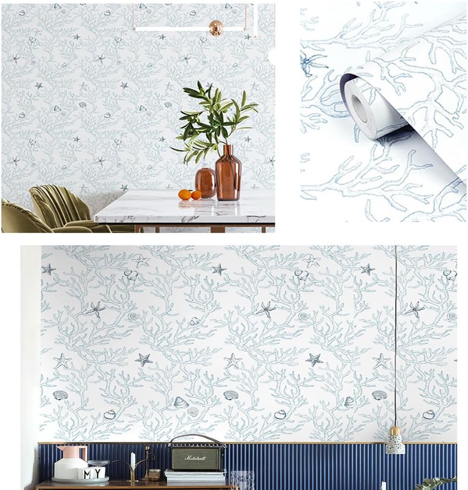 Removable Sea Coral Thick Wallpaper Peel and Stick Sea Coral Contact Paper Vinyl Roll for Cabinets Wall Decor Drawer Cabinets Furniture Accent Walls (Blue)