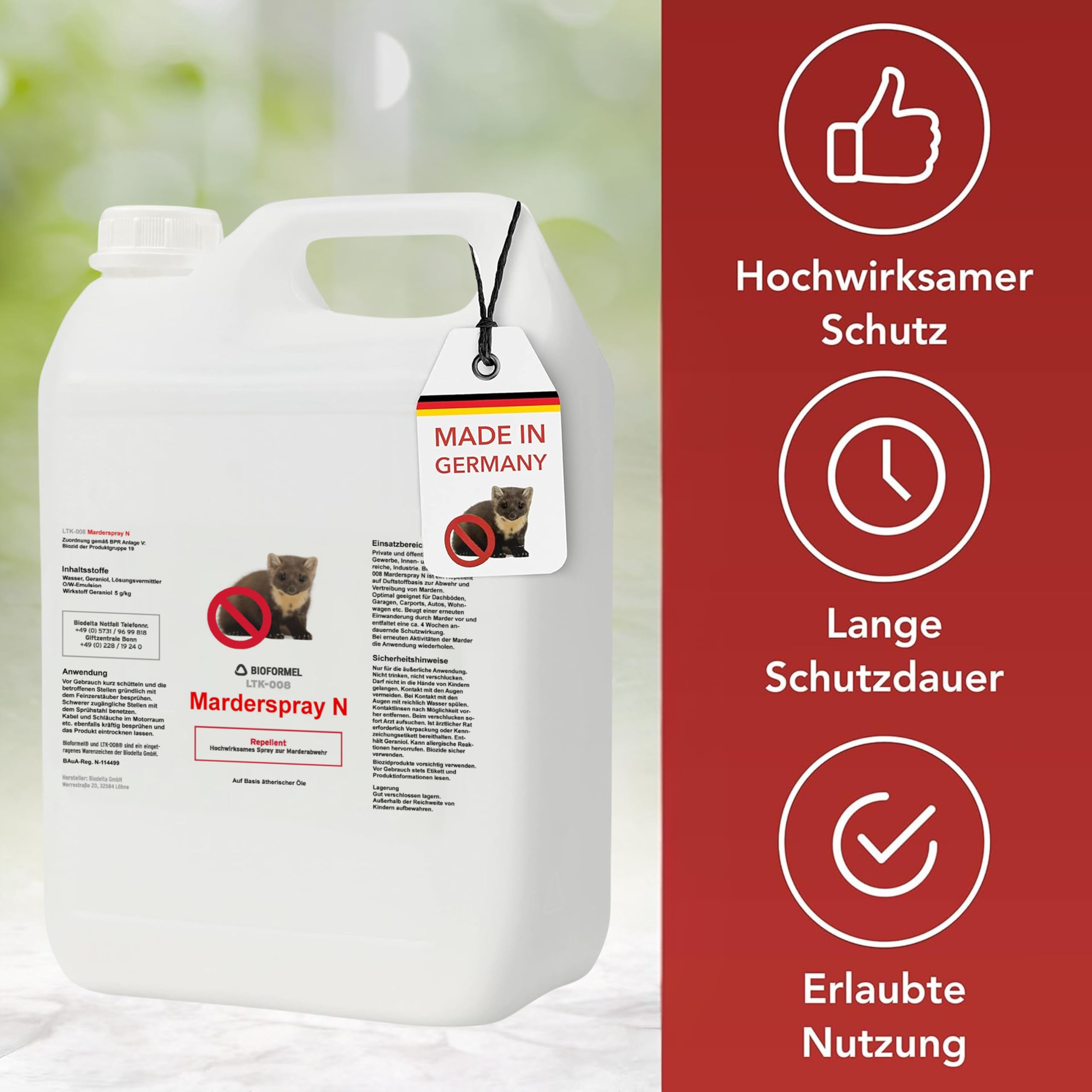 BIODELTA LTK-008 Anti Marder Spray 5 L - Marderschreck - Marderabwehr mit Langzeitwirkung - Marderschutz - Vertreibt Marder ohne zu schaden - Blumenduft- fleckenfrei