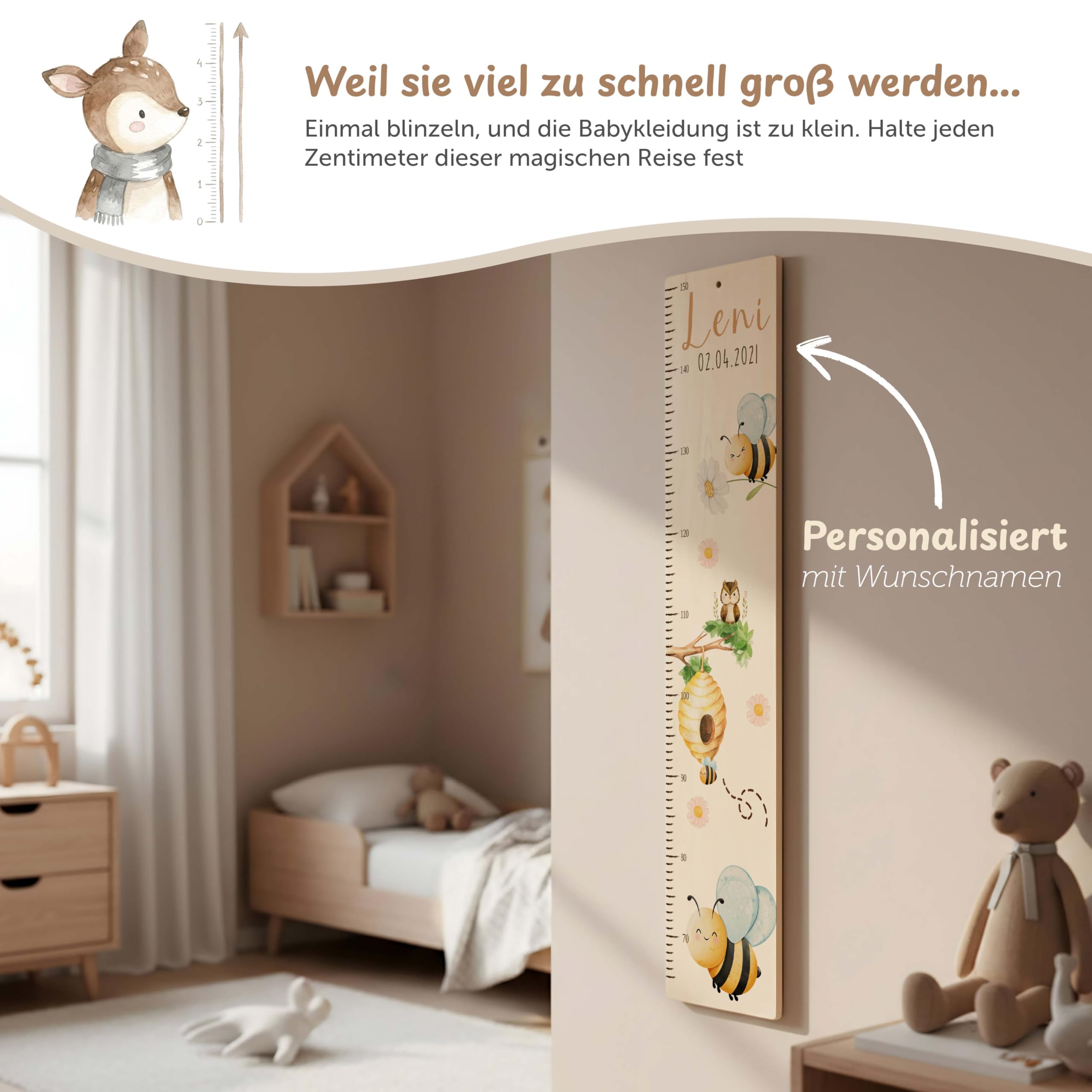 Kidsmood - Personalisierte Messlatte Kinder aus Holz – Hochwertige Messleiste & Wand-Deko für Baby- & Kinderzimmer mit zauberhaftem Biene – Tolles Taufgeschenk für Mädchen & Jungen - Skala 65-140cm