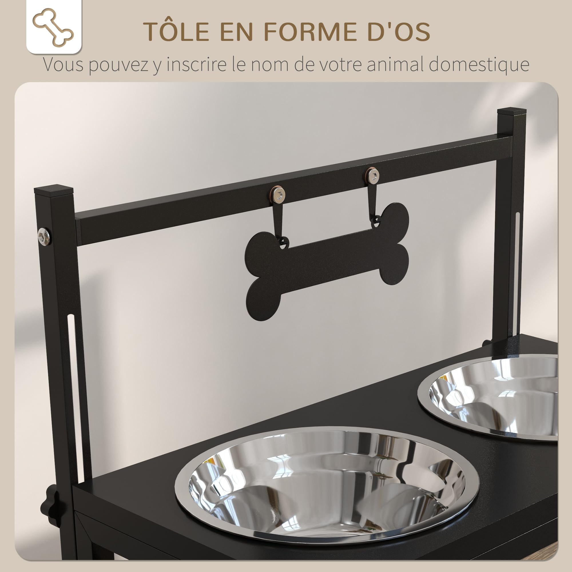 PawHut Gamelles surélevées Chien, 2 Bols en Acier inoxydables Amovibles, avec Plaque Forme d'os, Support réglable en Hauteur 11-33 cm, Noir