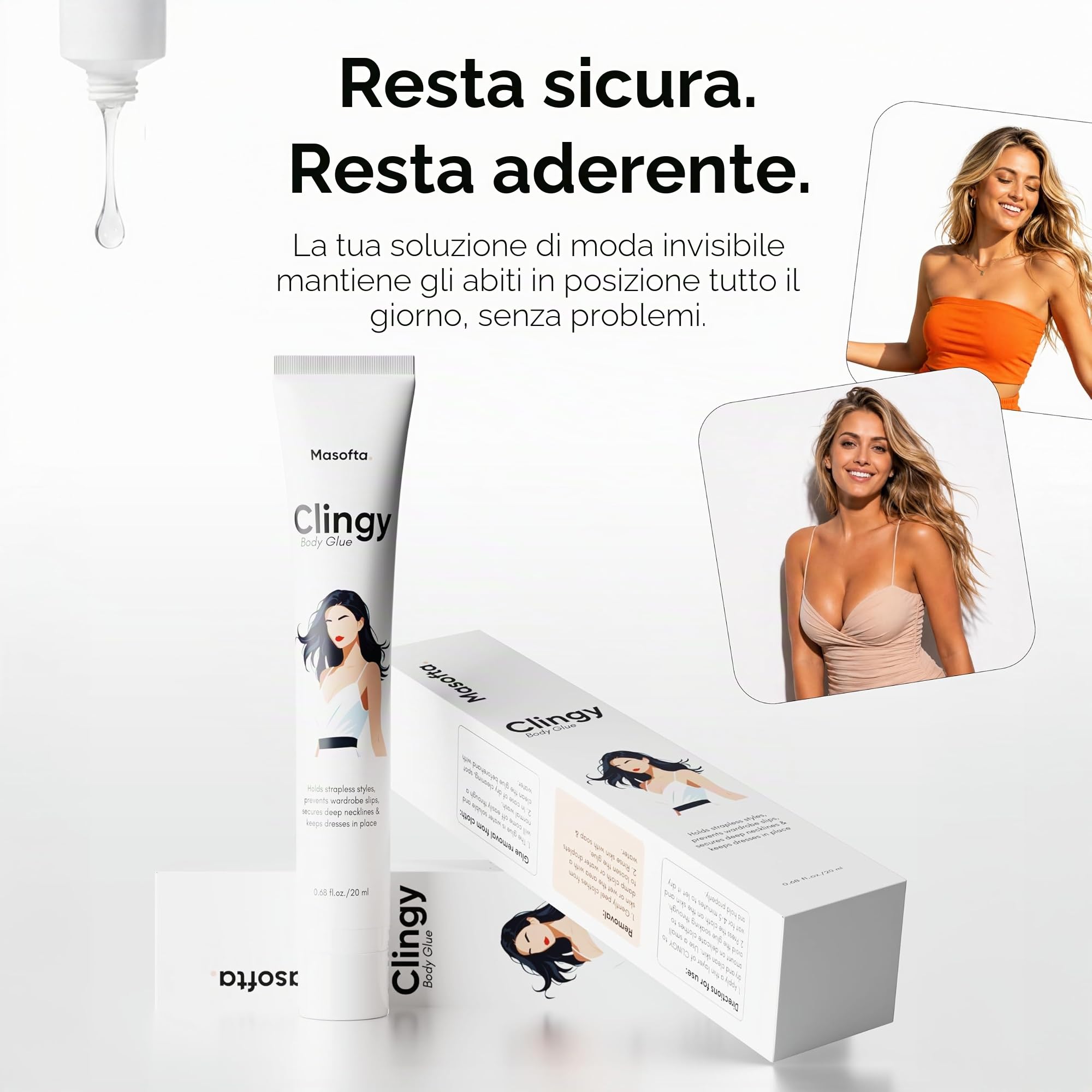 Masotta Clingy - Colla per il corpo, resistente al sudore e sicuro per la pelle, ideale per la moda e lo styling, fissante per abiti e capi senza spalline, roll-on da 20 ml
