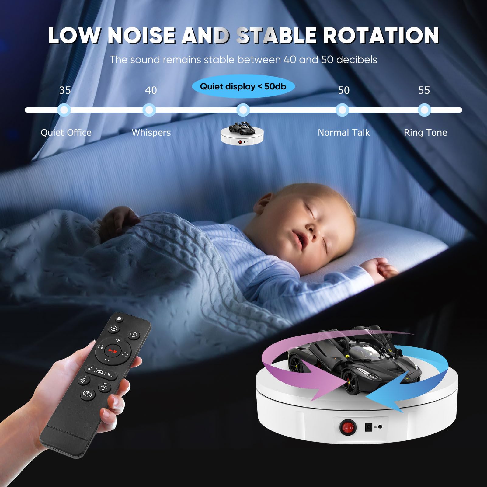 Elektrischer Drehteller, Drehteller Elektrisch 30cm, 100KG Tragkraft, Fernbedienbar, Einstellbare Geschwindigkeit, 5 Hintergrundplatten, Tisch-Drehteller für Produktfotografie und Präsentationen